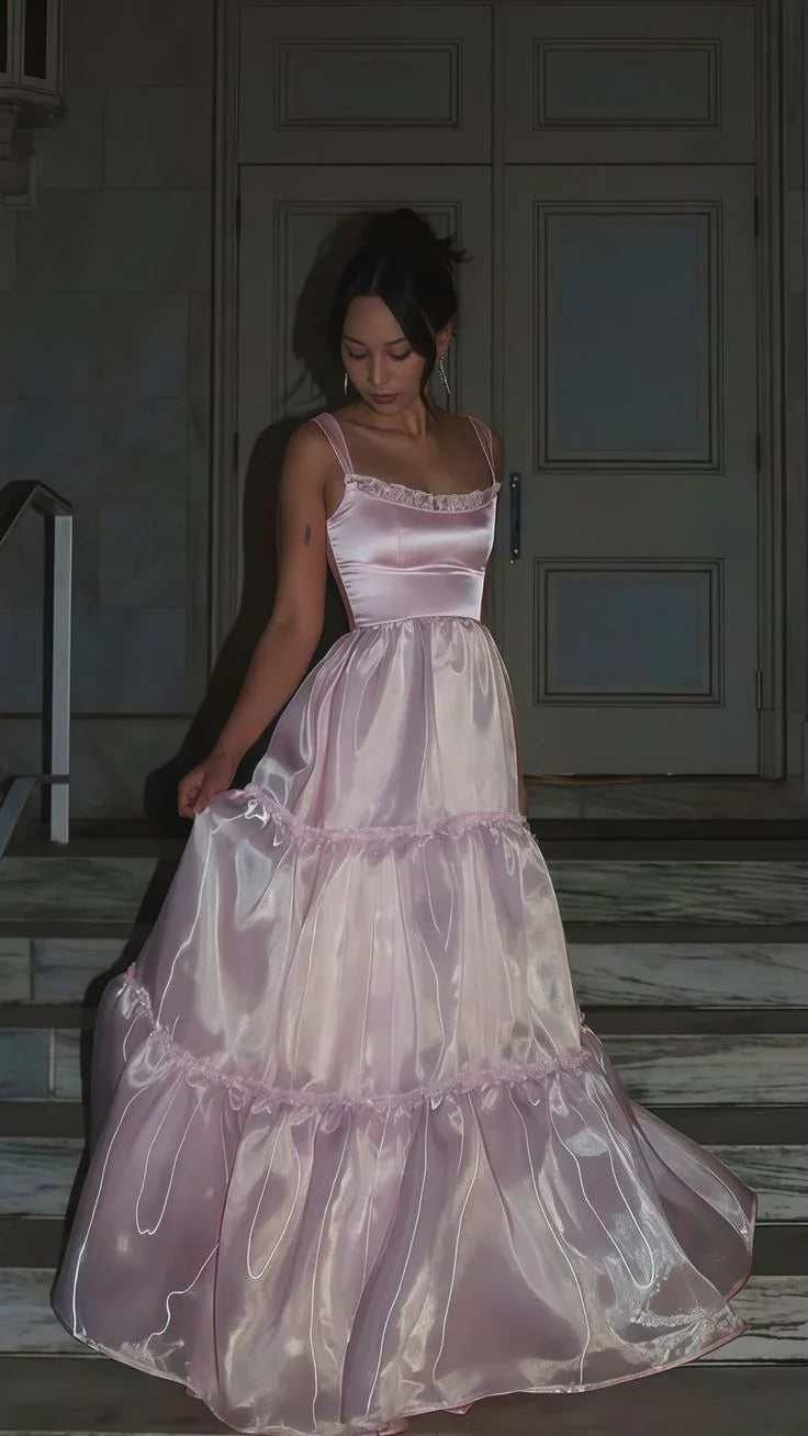 Weitese Dress Pink Fashion Elegant Shiny A-line Spaghetti Strap Long satin Lace Ball Gown Prom Dresses